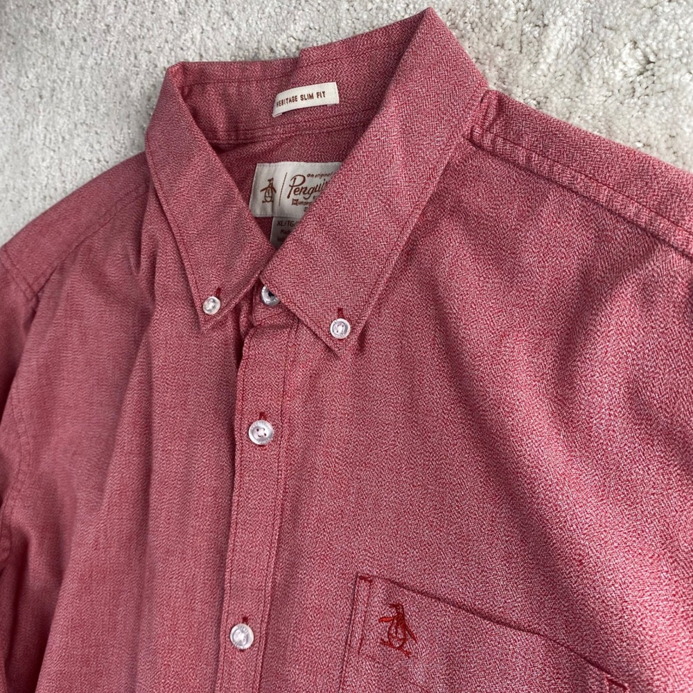 Original Penguin Heritage Slim Fit Shirt Mens XL Red Chambray Button Down Pocket